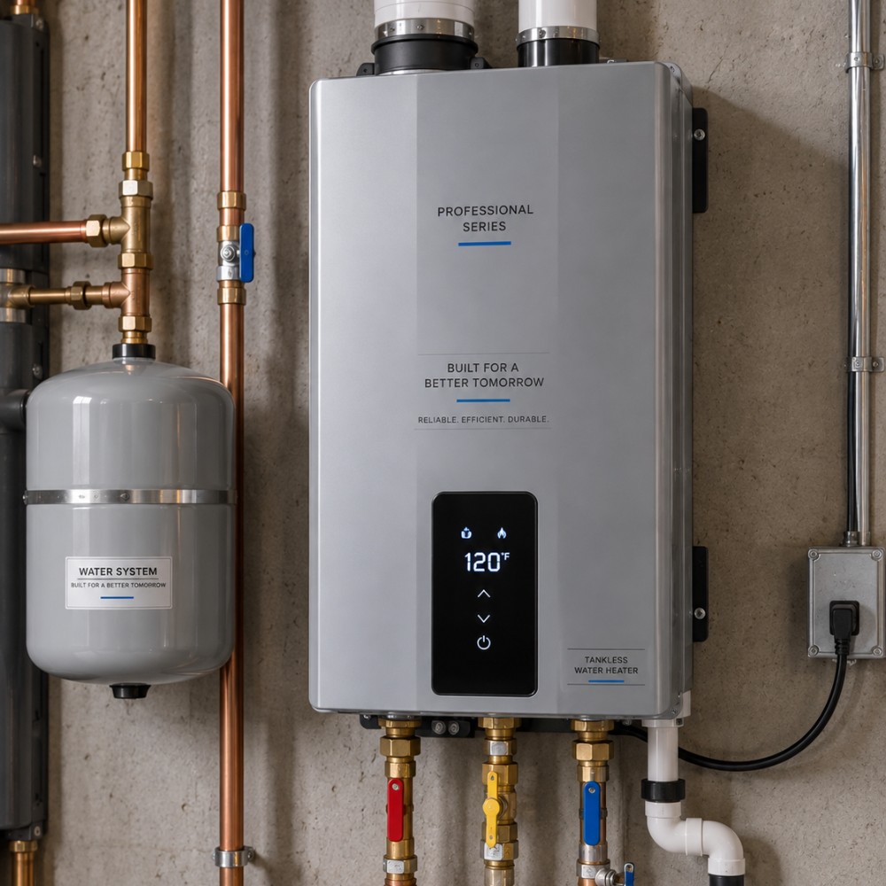 Wall mounted tankless water heater installed by True Line Water in Parker, Colorado